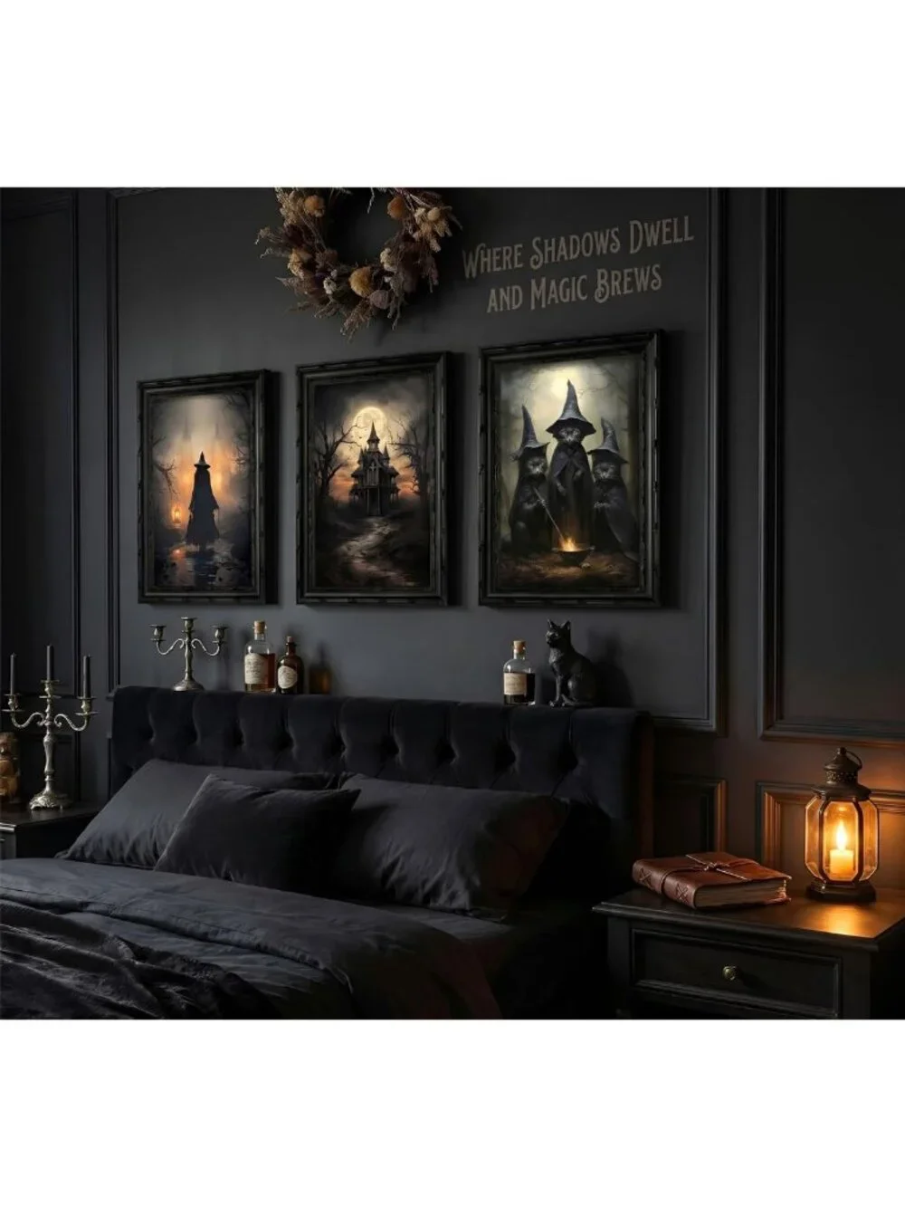 3Pcs Black Framed Halloween Canvas Art - Dark Academia Witch, Cat & Castle Decor
